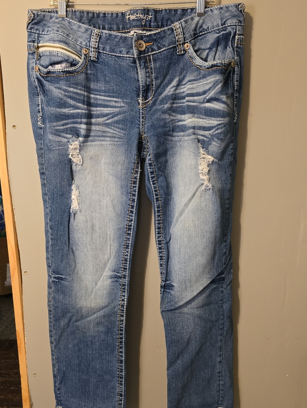 Amethyst Jeans Light Blue Straight Leg Jeans with Distressed Knees
